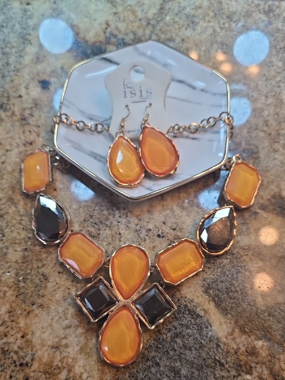 Isis Gold-Tone Orange and Brown Statement Necklace with Matching Earrings